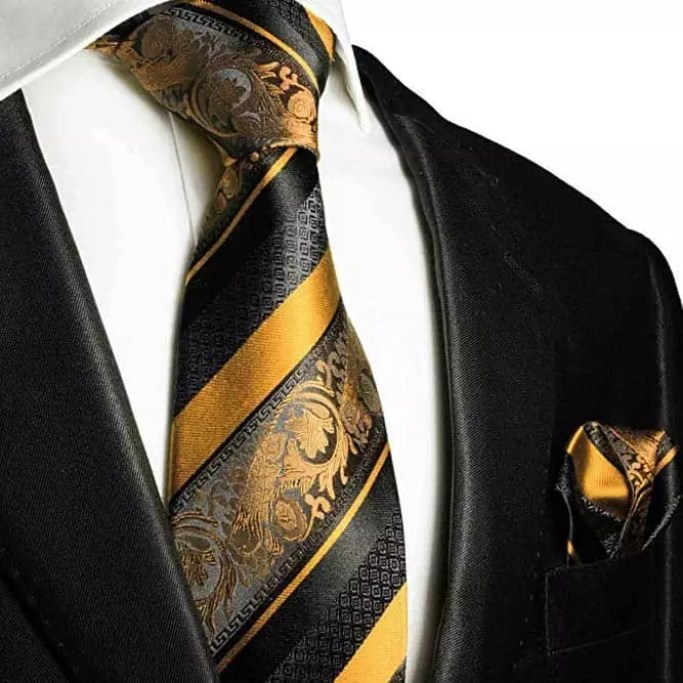 How to Tie a Tie.Gold And Black Silk Tie And Pocket Square #ties #mensties #tiesformen #suitaccessories