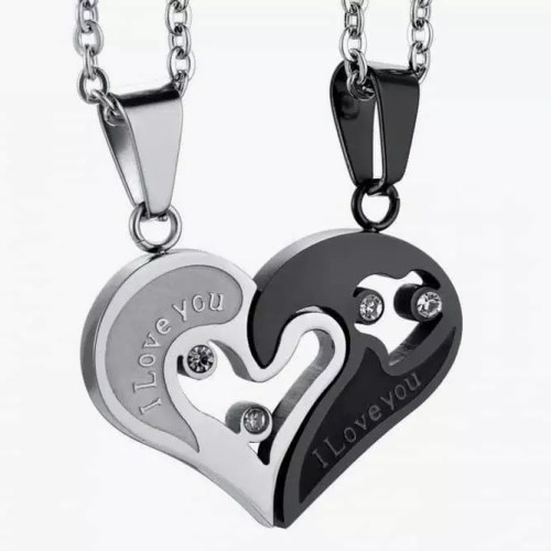 Stainless Steel Mens Womens Couple Necklace Pendant Love Heart CZ Puzzle Matching (Jstyle) #valentinesdaygifts